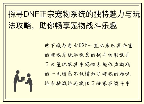 探寻DNF正宗宠物系统的独特魅力与玩法攻略，助你畅享宠物战斗乐趣