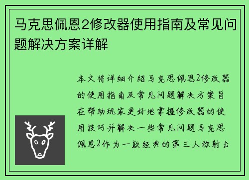 马克思佩恩2修改器使用指南及常见问题解决方案详解 马克思佩恩2修改器使用指南及常见问题解决方案详解